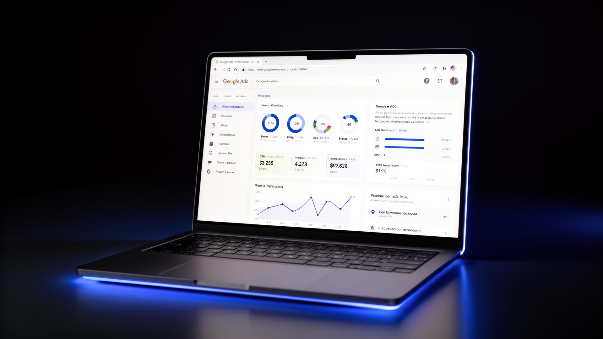 Painel do Google Ads em notebook moderno